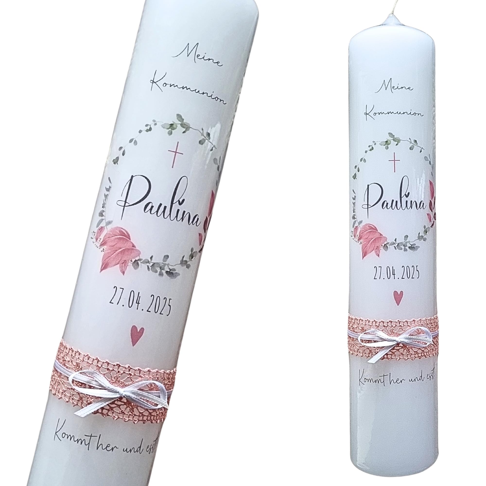 Taufkerze, Kommunionkerze -Paulina- für Mädchen mit Blumenkranz Rosa Kreuz Herz, mit Leitspruch: "Kommt her und esst", Name, Datum