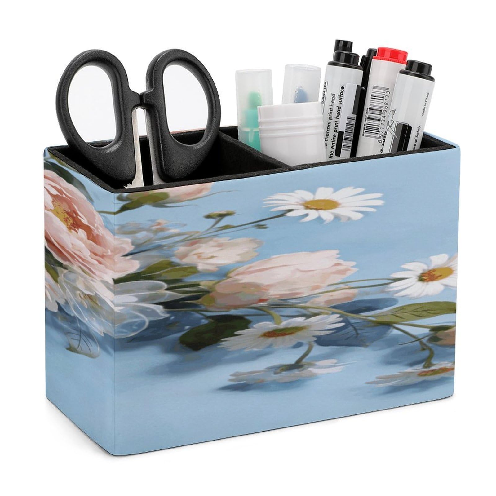 LZQPOEAS Watercolor Floral Pen Holder Double Compartments Pen Cup Makeup Brush Holders Leather Pencil Holder Locker Organizer for Work Locker Accessories Modern Pencil Cup for Desk