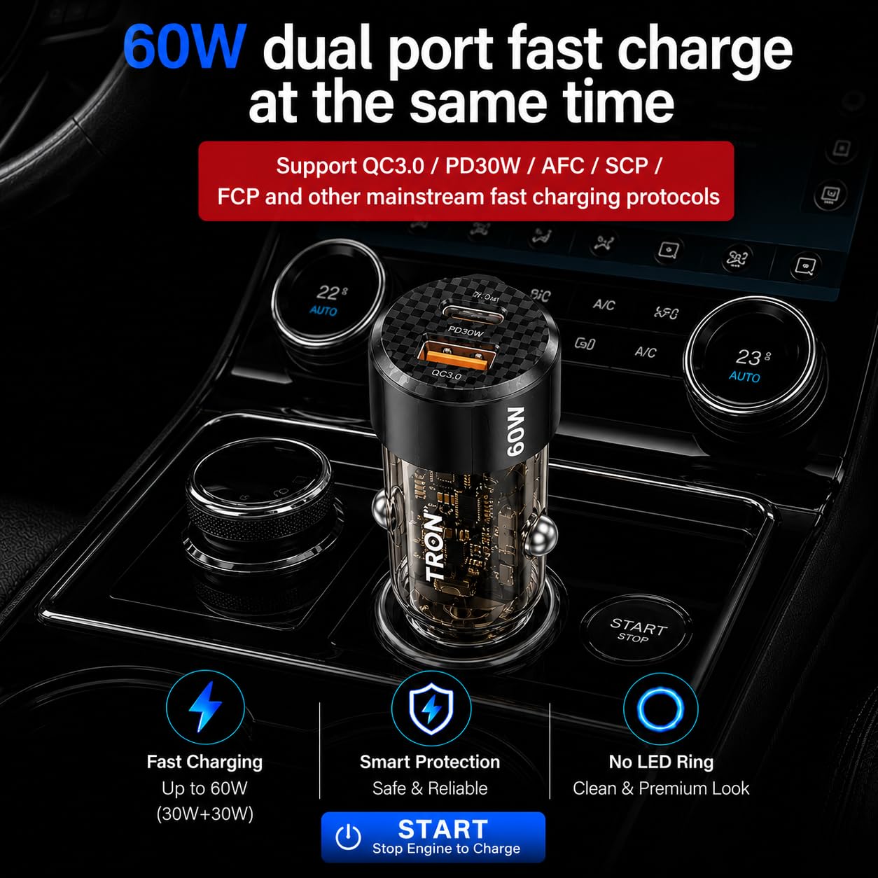 TRON 60W Dual Port Fast Car Power Adapter (30W PD USB-C + 30 USB-A) Transparent Kompakt Zigarettenanzünder Ladegerät für iPhone, Samsung, Android - Braun Schwarz -TR13