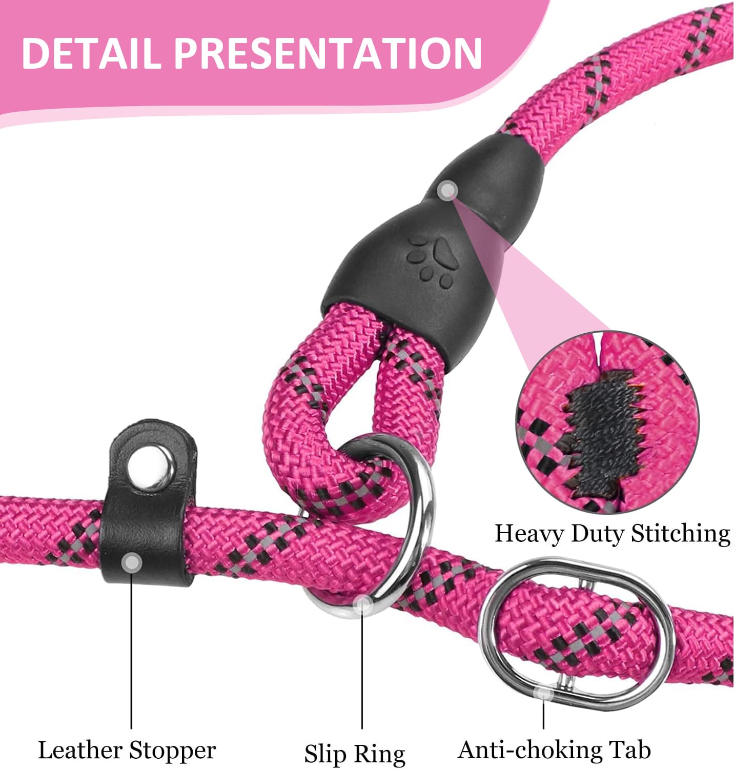 Dog Slip Lead, Training Leads for Dogs 2m Reflective Slip Leads with Soft Padded Handle - Image 4