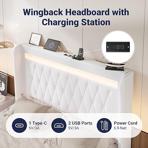 Miniatura 5 de Allewie Base de cama con plataforma tapizada tamaño Queen con luz LED y estación de carga, cabecera alta con botones acolchados, diseño de respaldo