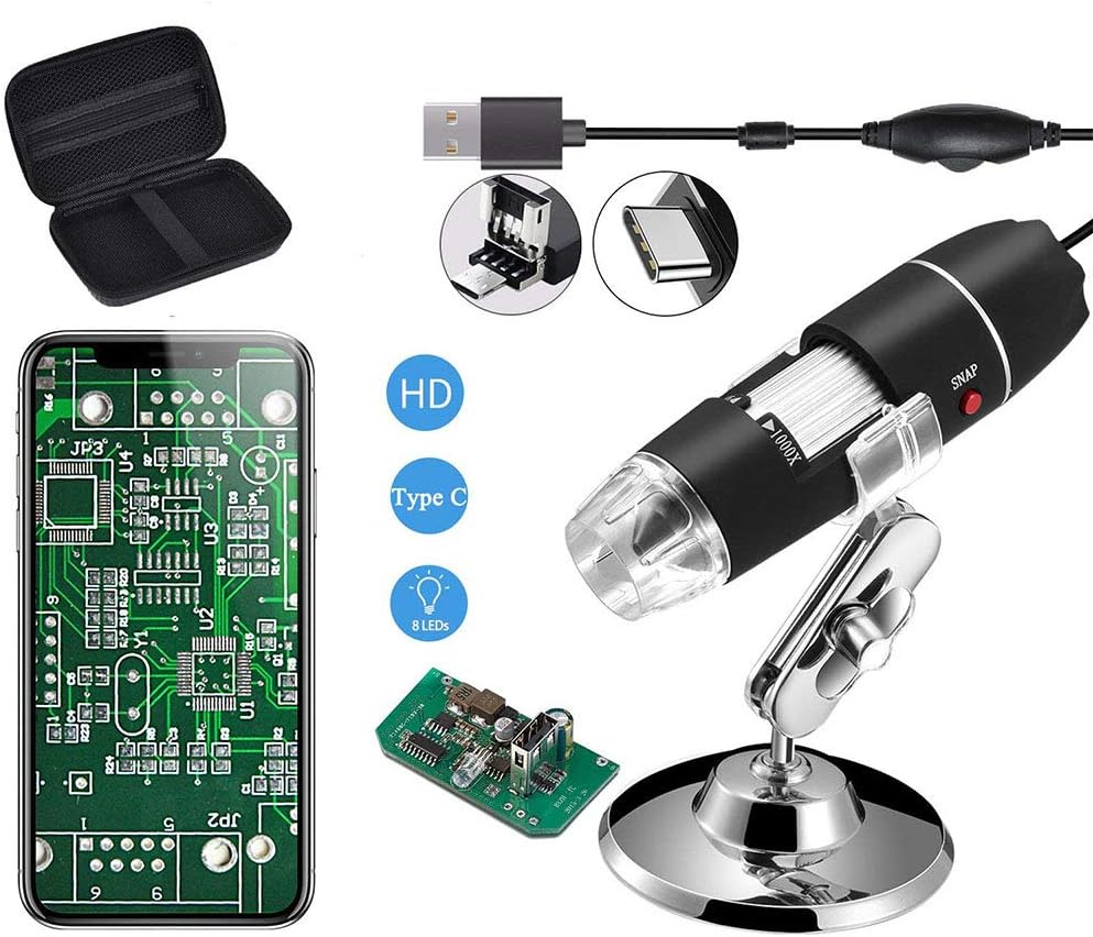 Jiusion Original 40-1000X USB Microscope, Black, LED Light, Metal Base, Compatible with Smartphone, Personal Computer