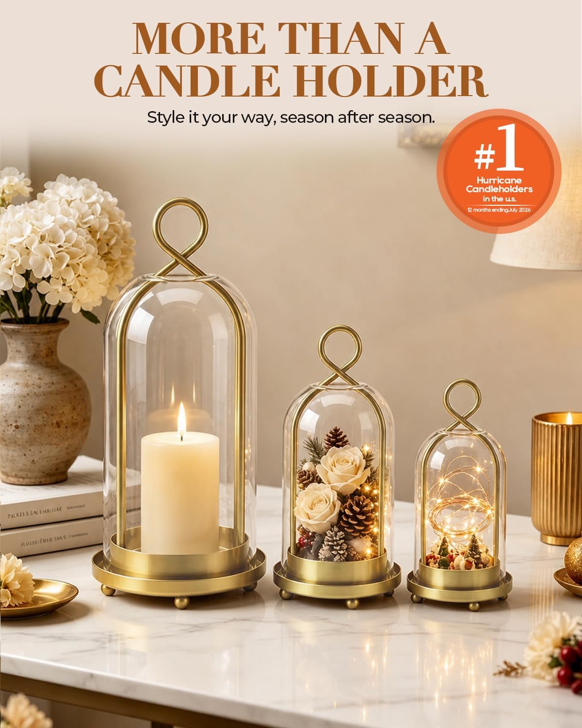 5.9"4.9"4.3" Brass Candle Holder Hurricane Glass 3-Piece Table Decor