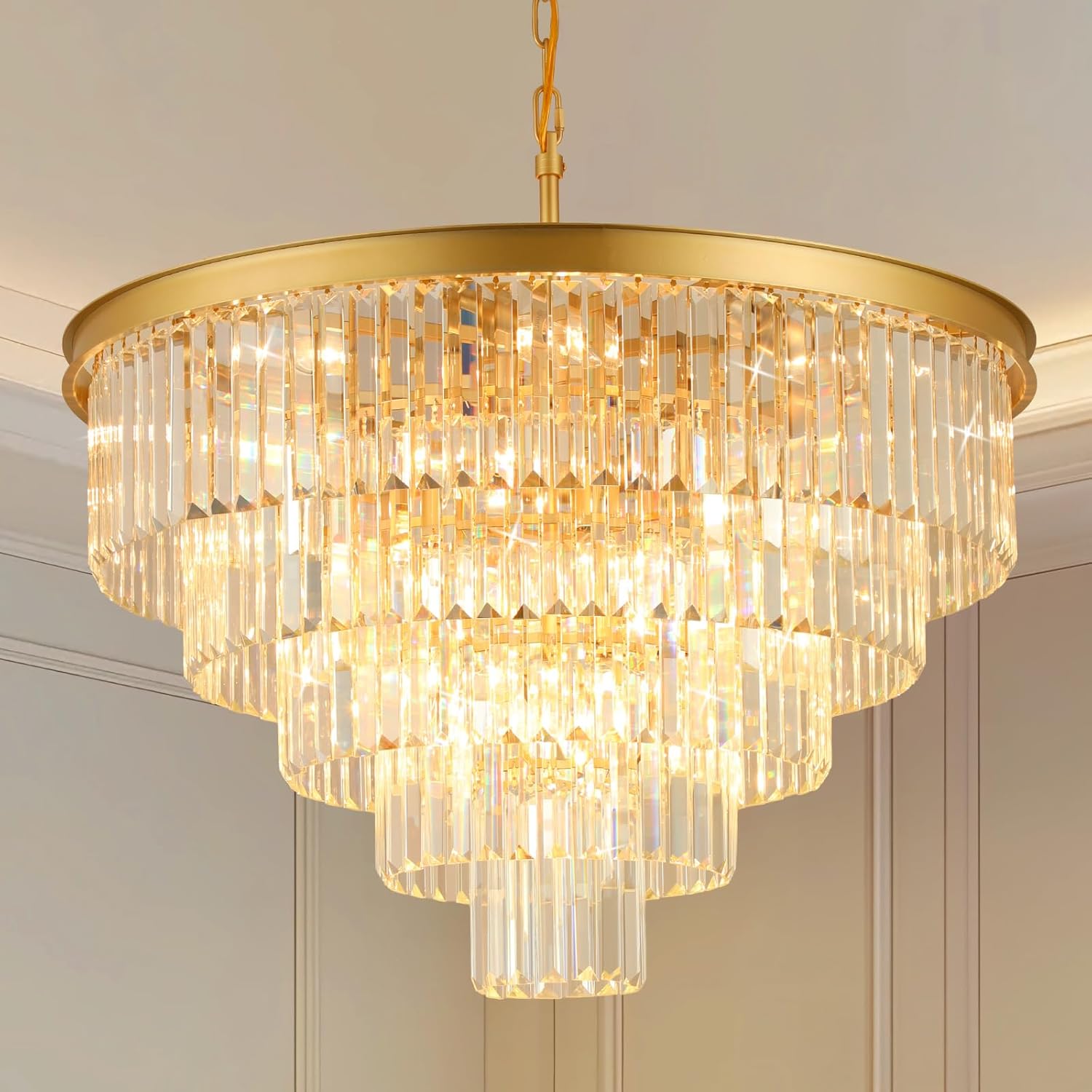 (Incomplete)Crystal Chandeliers for Dining Room Lights Fixture Over Table, 20 Lights Gold Modern Chandeliers for Living Room, 5-Tier Round Crystal Lighting Fixtures for Bedroom Entryway Kitchen Island D30 Inch Gold D30\" - 20 Lights