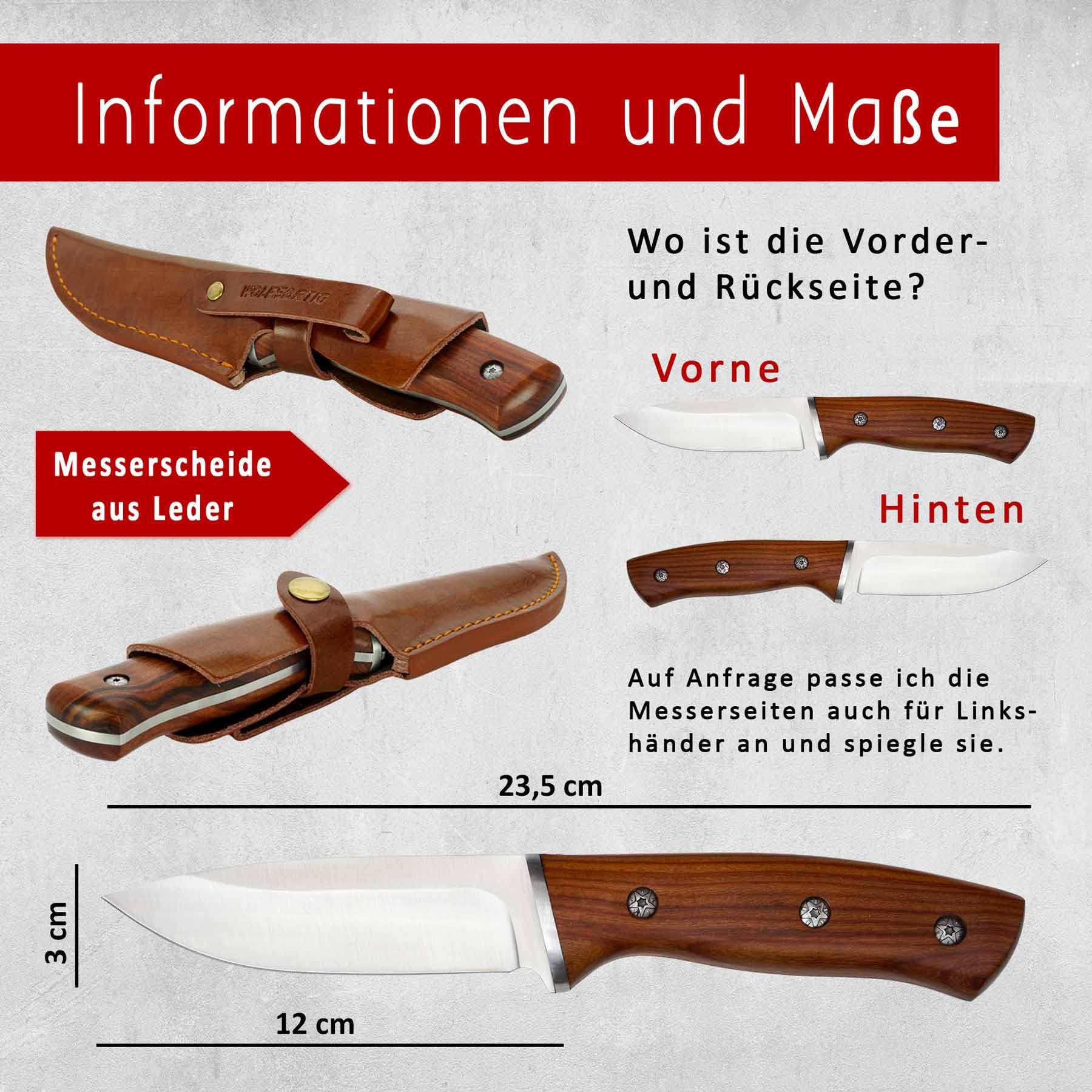 ADAM WILD Jagdmesser mit Gravur | personalisiert | Geschenke für Jäger | Wunschname graviert | rostfreier Edelstahl, Holzgriff & Lederscheide | Jagdzubehör & Geschenk zum Jagdschein