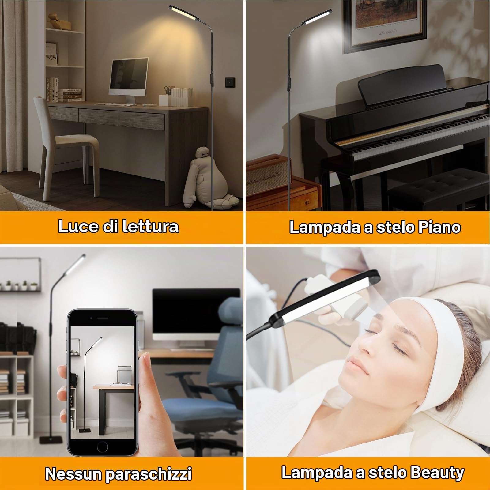 Lampada da terra LED moderna per soggiorno, regolabile, ideale per camera da letto, ufficio e lettura. Luce soffusa e design minimalista per l’arredamento domestico.