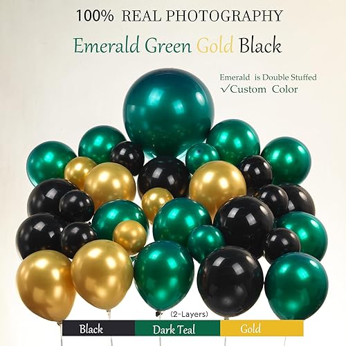 Miniatura 3 de Kit de arco de guirnalda de globos de año nuevo verde esmeralda y dorado negro de lujo, doble relleno, verde azulado oscuro con globos en explosión