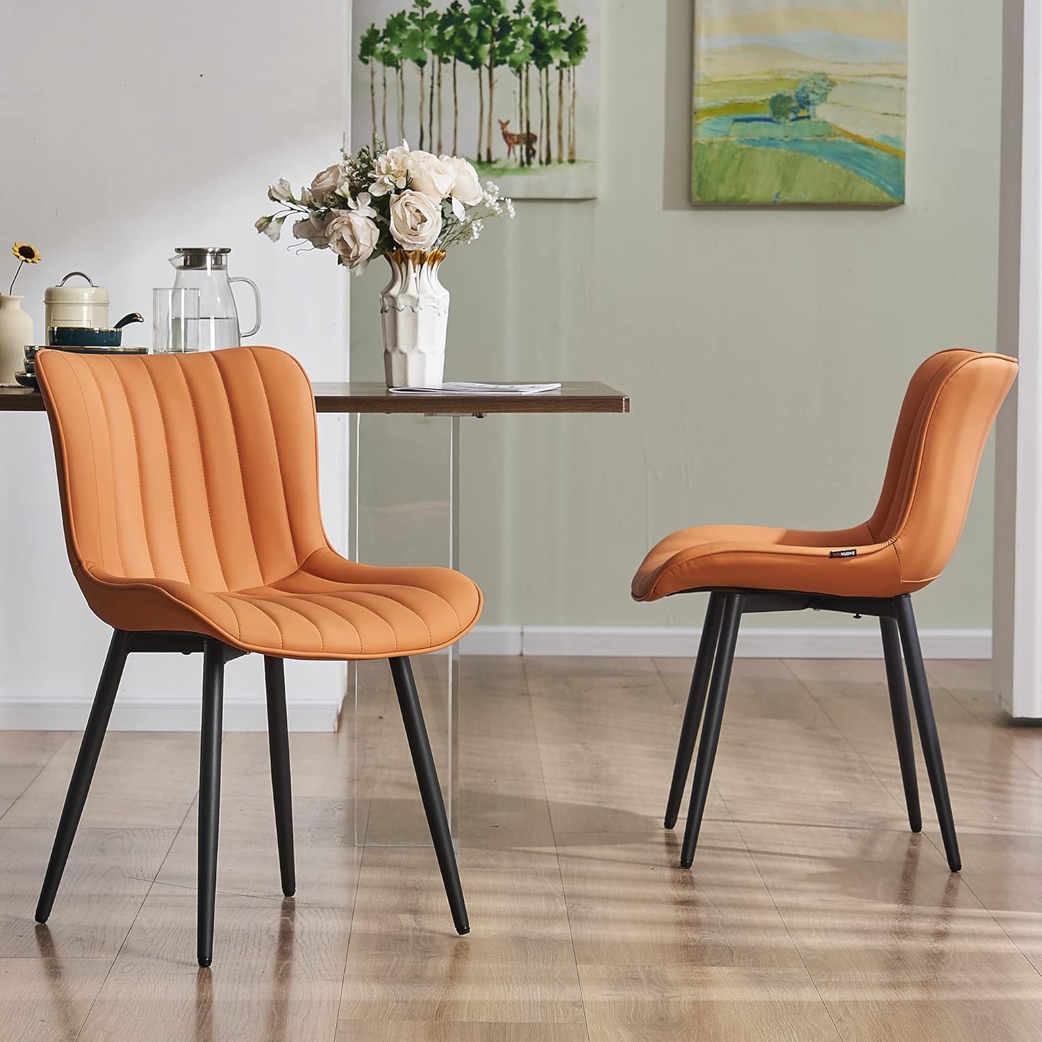 Duffy Dining Chairs Set of 2 Faux Leather Modern Padded Seat with Metal Legs, Comfortable and Durable Kitchen, Office, or Cafe Seating – Easy Assembly (Orange)