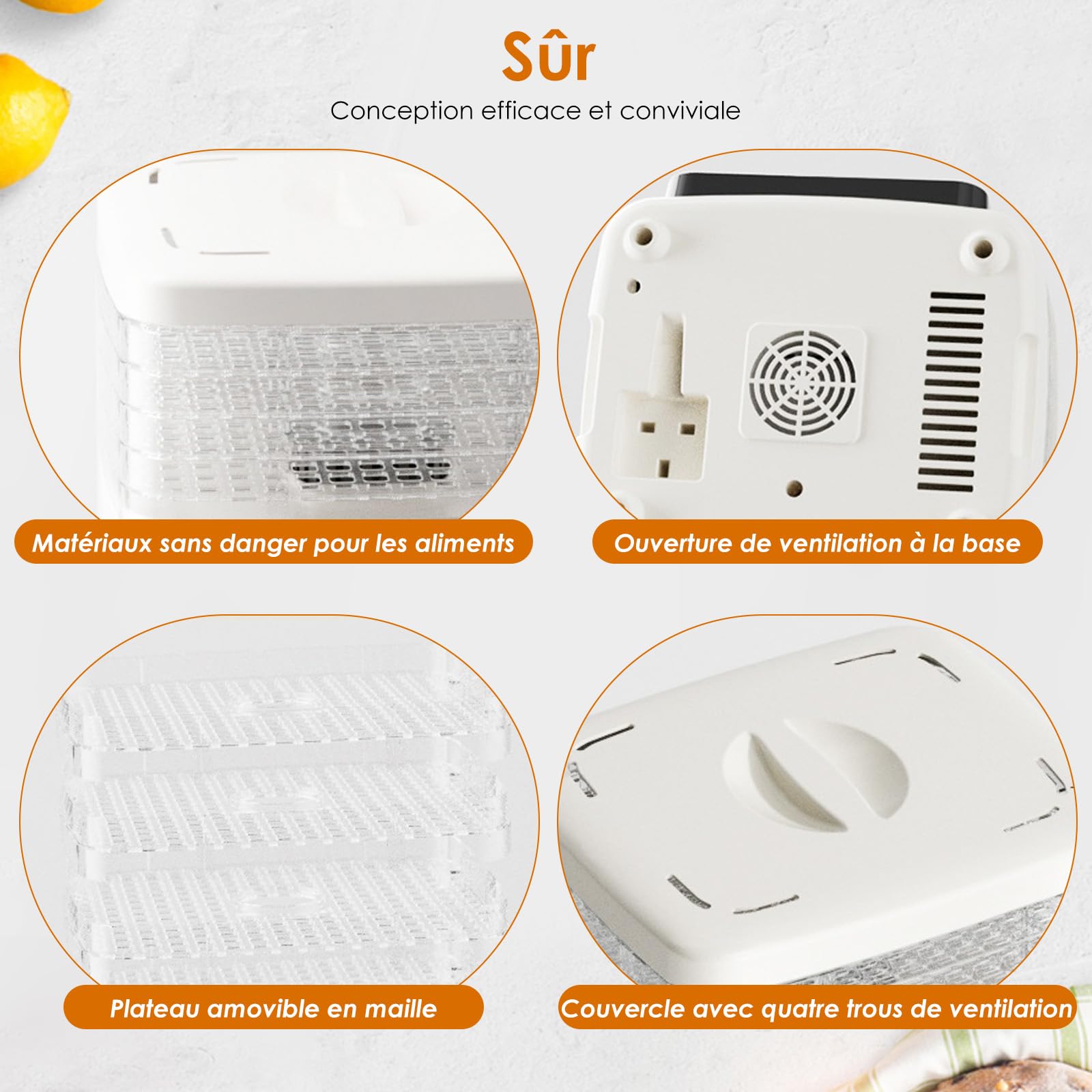 Déshydrateur Alimentaire, Déshydrateur à 5 Plateaux Réglables en Hauteur, Contrôle de Température de 35 à 70°C et Minuterie de 72 Heures, Déshydrateur pour Fruits et Légumes, Sans BPA