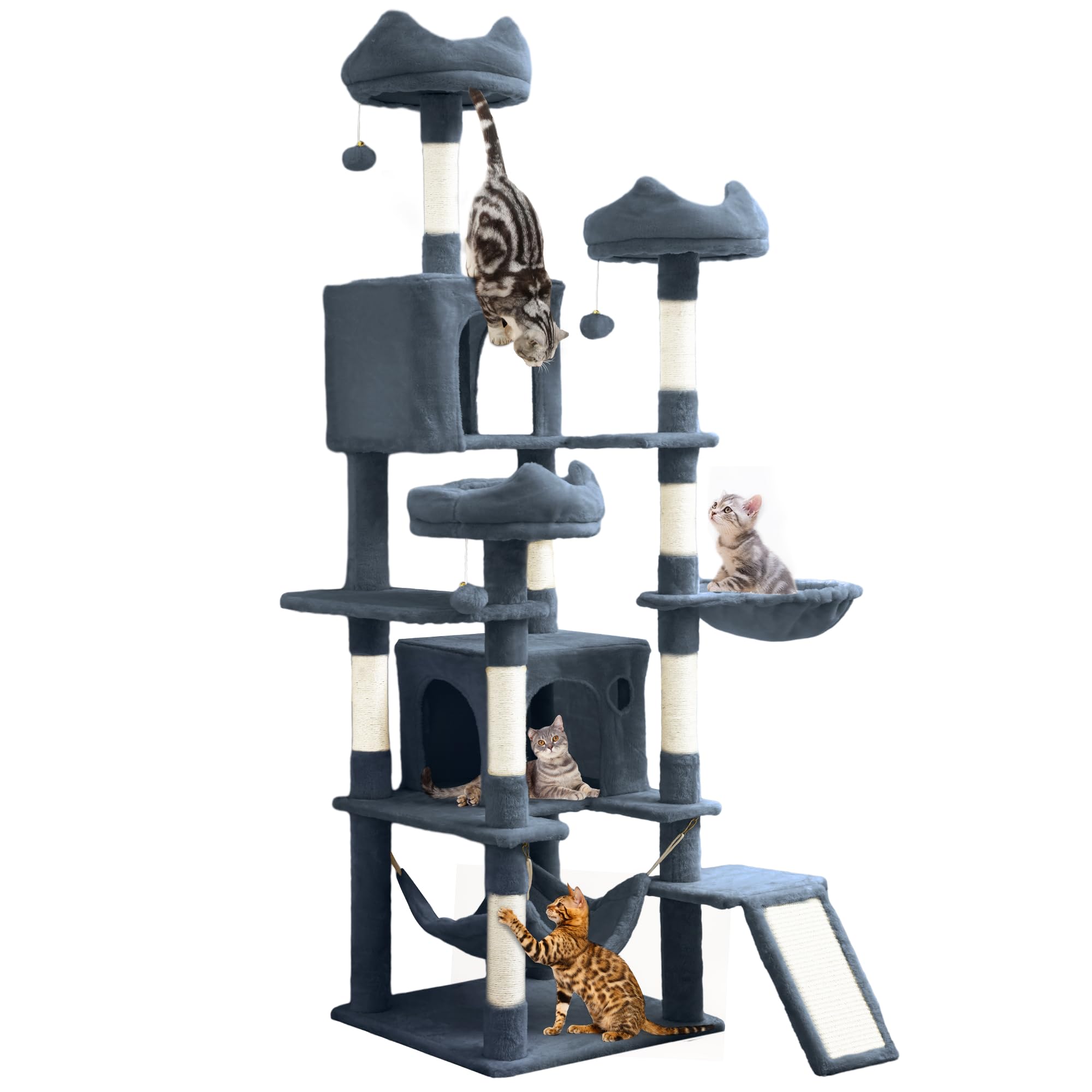 YITAHOME Tall Cat Tree for Indoor Cats, 75 inch Multi-Level Cat Tower with Cat Condos, Top Perches, Sisal Ramp Scratching Posts, Cozy Basket, Hammocks, Large Cat Pet Activity Structure,Pink: 75 inches Dark Grey