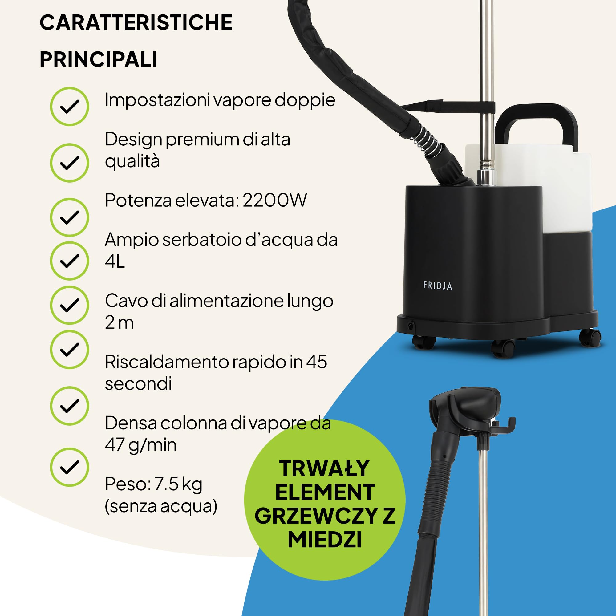 Fridja f1600 Stiratrice a vapore commerciale 2200W – Potente vaporizzatore professionale con doppio livello di vapore e serbatoio da 4L – Per tutti i tessuti – Nero opaco