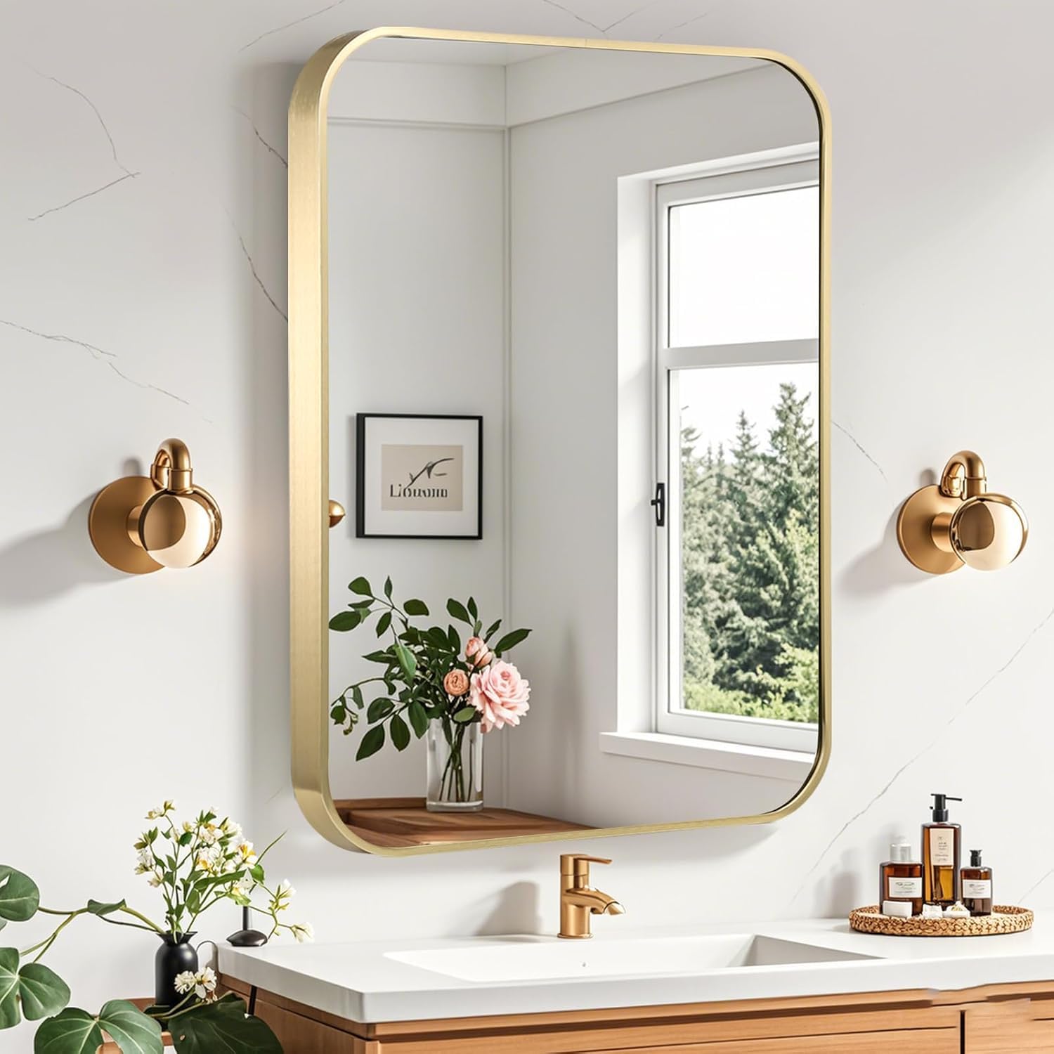 Gold Bathroom Mirror 24x36 Inch Brushed Gold Mirror Aluminum Alloy Framed Vanity Mirror Rounded Rectangle Mirror for Over