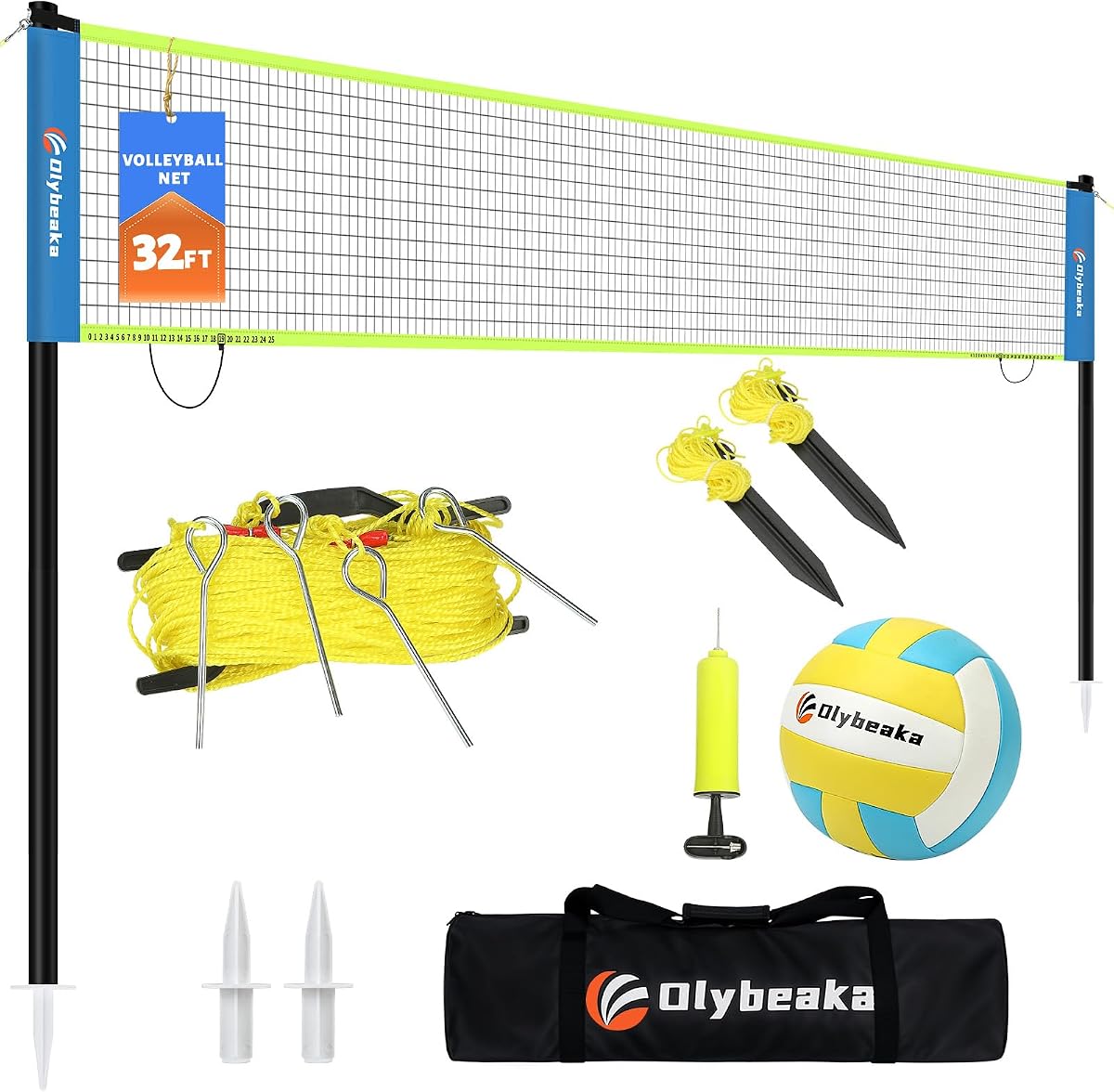 Juego de red de voleibol portátil para exteriores de 20 pies/32 pies, 4 alturas ajustables | Sistema completo de voleibol con red de PE, voleibol de PU, bomba, postes y bolsa de transporte para patio, playa, parque y juegos familiares.