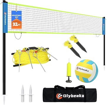 Portable Outdoor Volleyball Net Set 20FT / 32FT, 4 Adjustable Heights | Complete Volleyball System with PE Net, PU Volleyball, Pump, Poles and Carry Bag for Backyard, Beach, Park and Family Games.