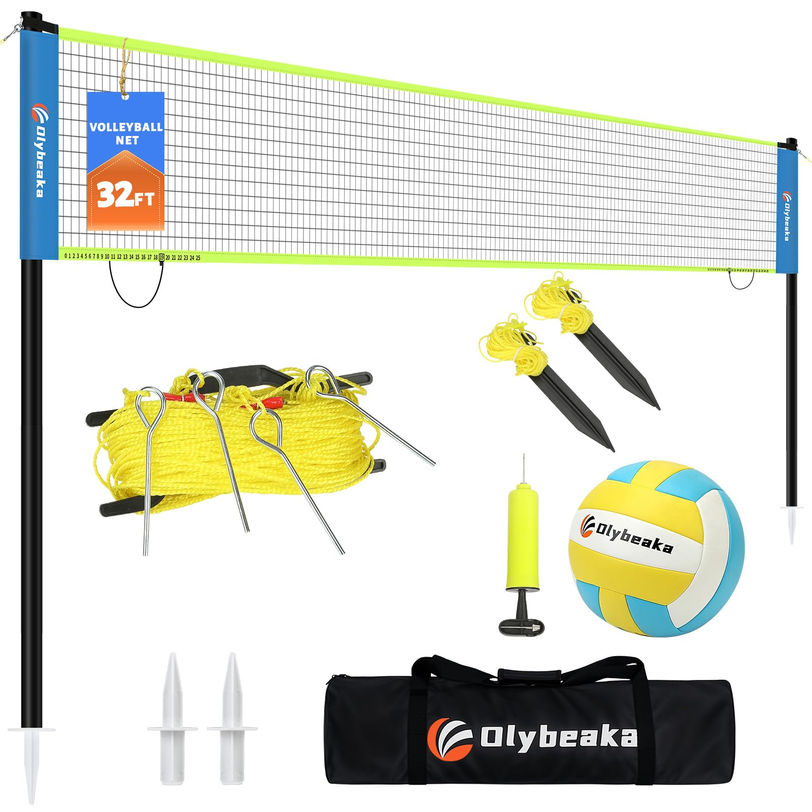 Portable Outdoor Volleyball Net Set for Backyard Beach with Adjustable Poles, Soft PU Volleyball & Pump, Carry Bag and Durable Anti-Sagging Net