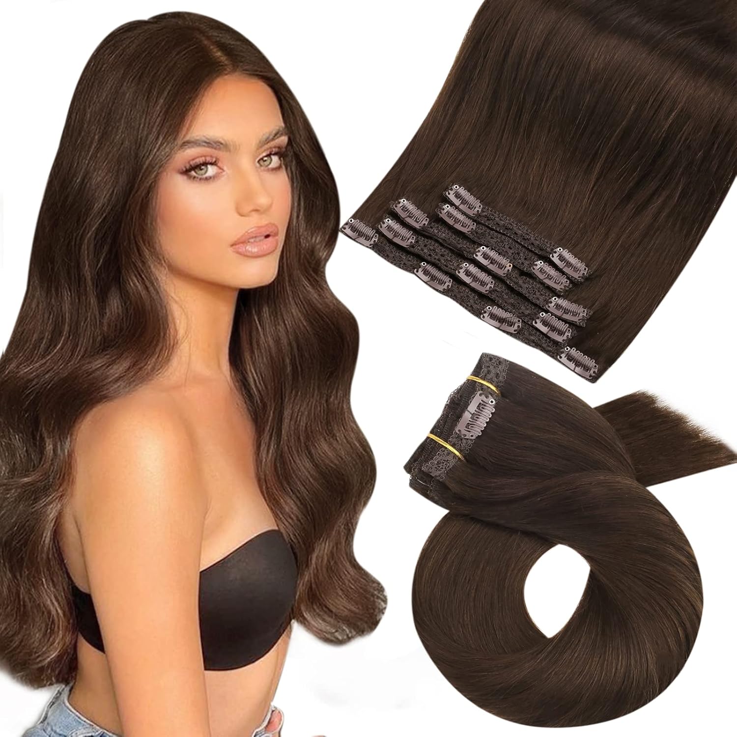 Moresoo Extension Cheveux Naturel Clip Marron Extension de Cheveux a