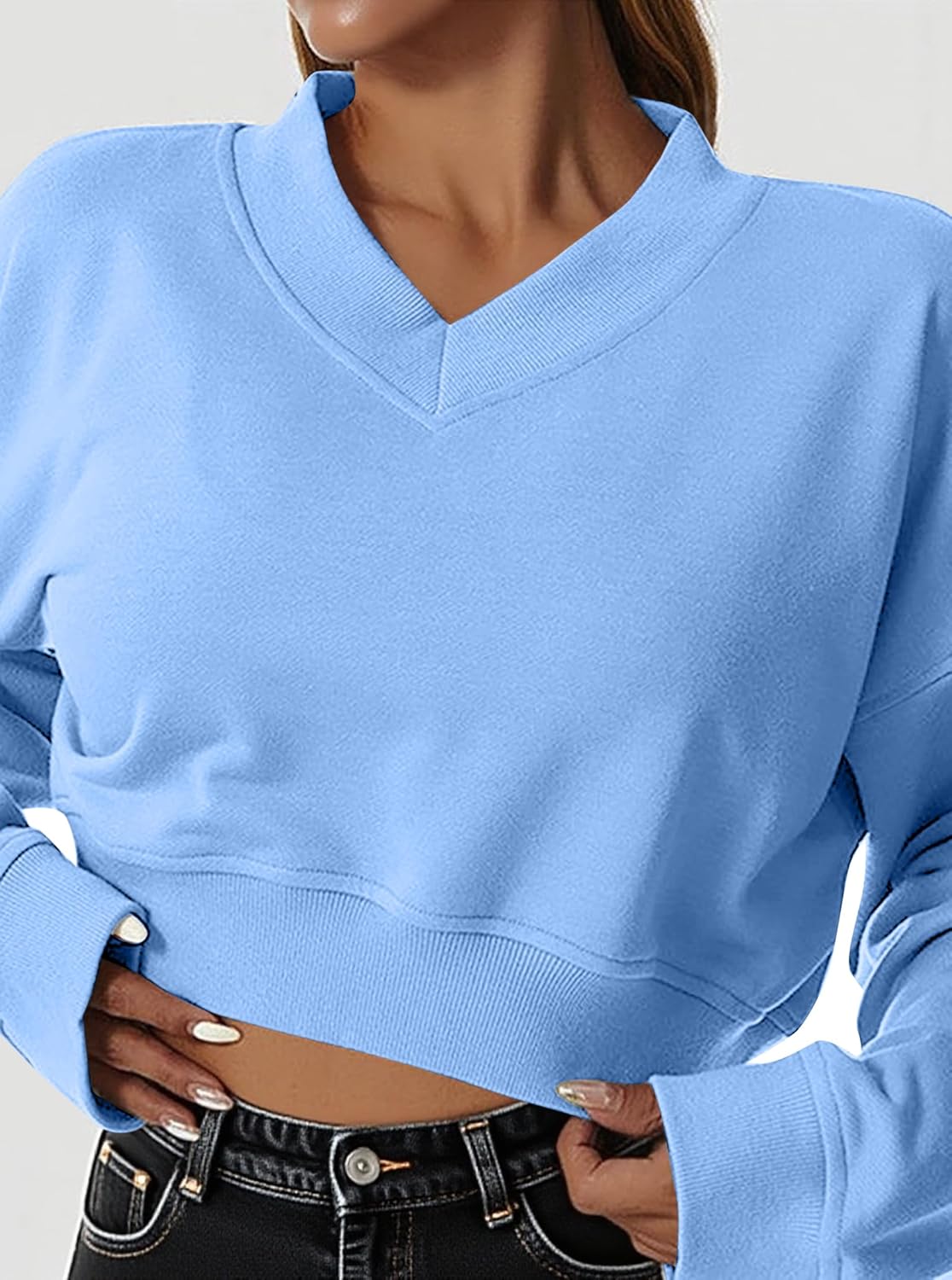 Remidoo Women's Cropped Sweatshirt V Neck Long Sleeve Crop Top Sweater Pullover Loose Fit Shirt Blue X-Large - Image 3