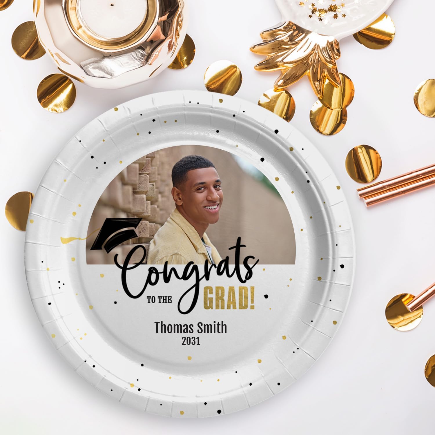 Canopy Street Personalized Image Congrats To The Grad Paper Dinner Plates / 24 Celebration Photo Plates/Custom Class Of 2026 Round 9 3/8" Diameter Black And Gold Party Entree Plate/Made In The USA