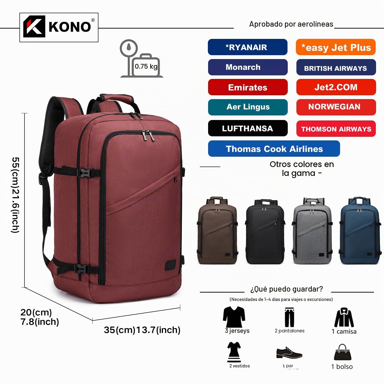Kono Mochila Cabina 55x35x20cm Bolsa de Viaje Grande Bandolera Portátil 38L (Rojo)