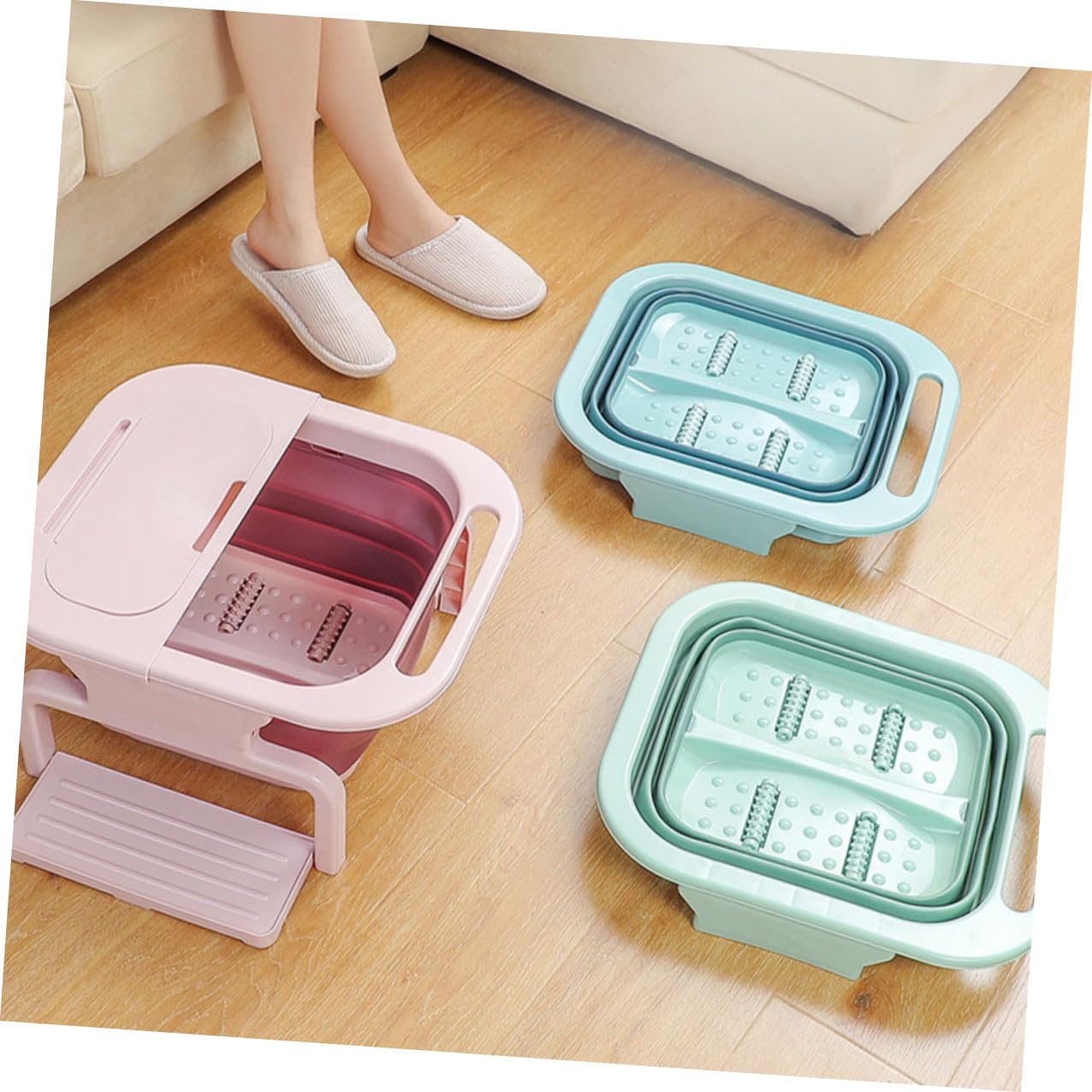 Lavabo Plegable para Remojo de Pies de Gran Tamaño de PP Rosa | Bañera Pies Rodillos de Masaje, Color de Rodillos Aleatorio, Fácil de Usar, para Viaje y Familia