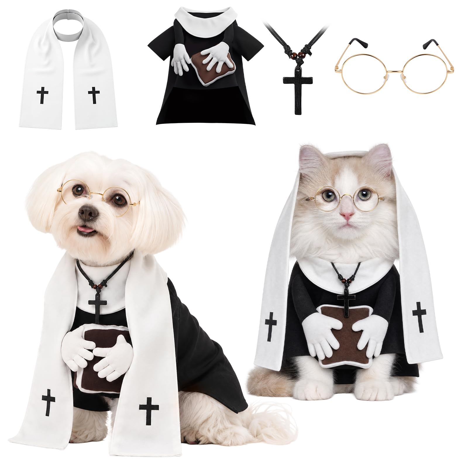 Huhumy 4 Pcs Dog Priest Costume M, Halloween Pet Outfit Cross Necklace