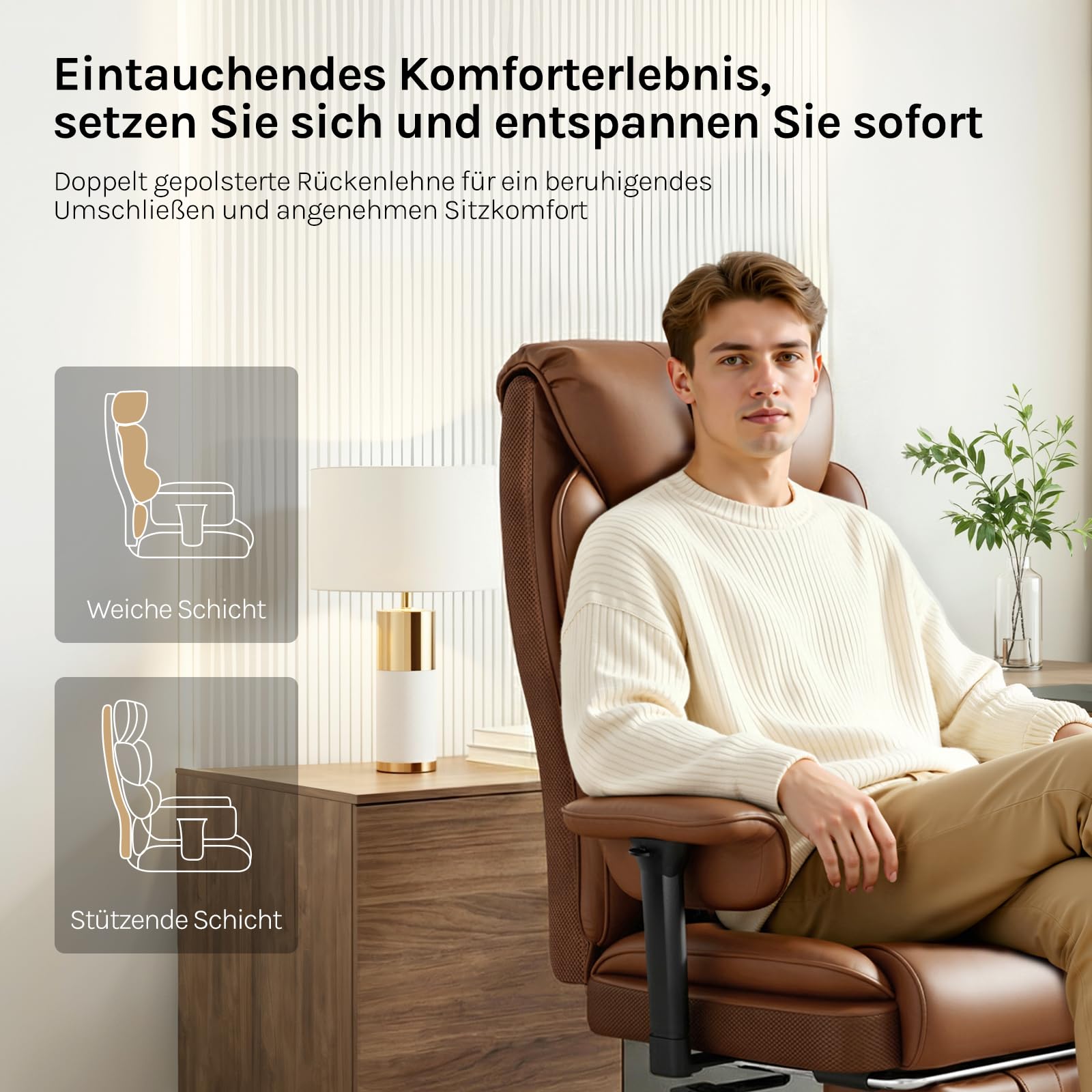 WOLTU Bürostuhl Ergonomisch,Chefsessel Doppellagige Rückenlehne, PU Braun | 3-stufige Rückenlehnenverstellung, mit Lendenwirbelstütze, Fußstütze, für Büro, Besprechungsraum