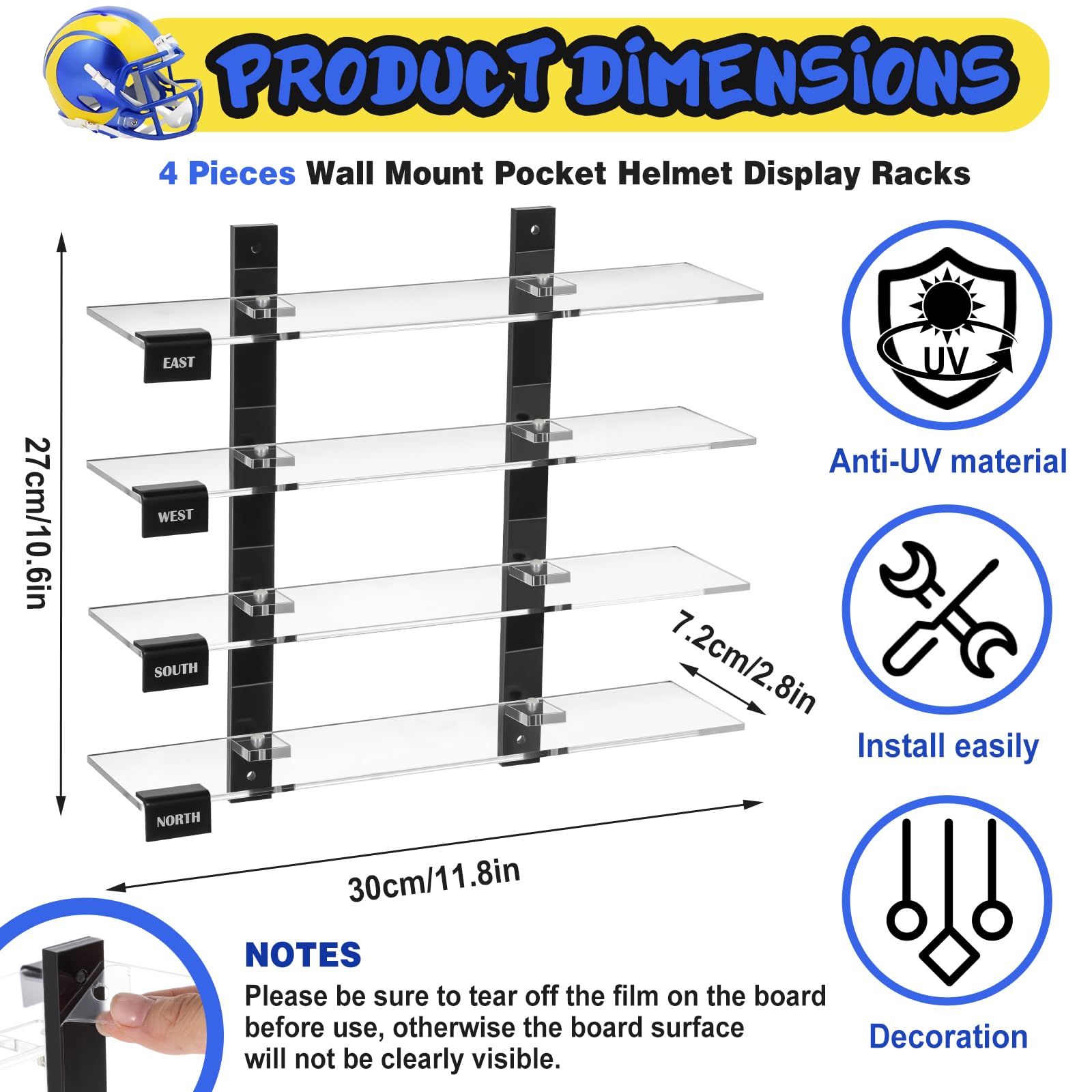 Colingmill Mini Football Helmet Display Racks Wall Mount Pocket Helmet Storage Acrylic Clear Baseball Stand Display Rack Ideal Gift for Sports Enthusiast, 11.81 x 9.84 x 3.15 Inches