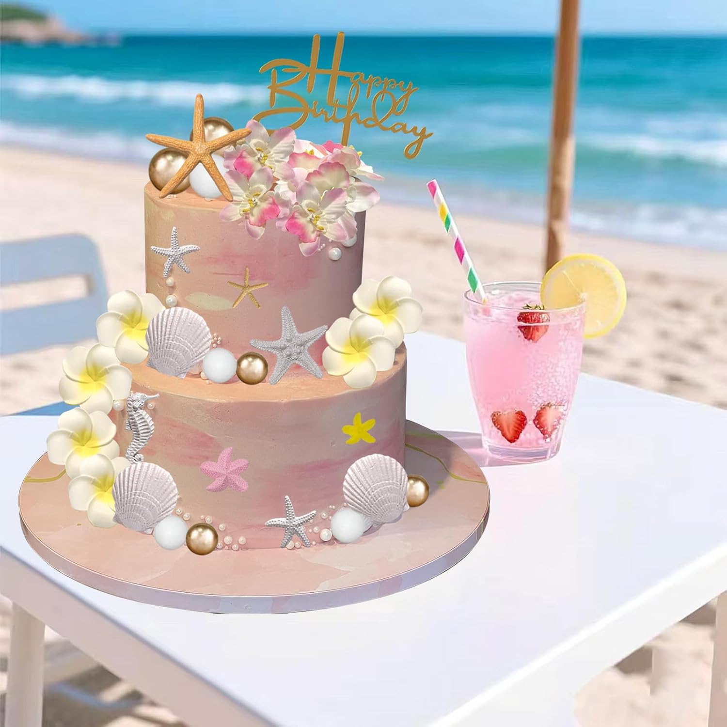 Hawaiian Beach Cake Decorations Flower Starfish Cake Toppers with Seashells Artificial Plumeria Flower for Tropical Hawaii Aloha Summer Ocean Theme Luau Happy Birthday Party Supplies