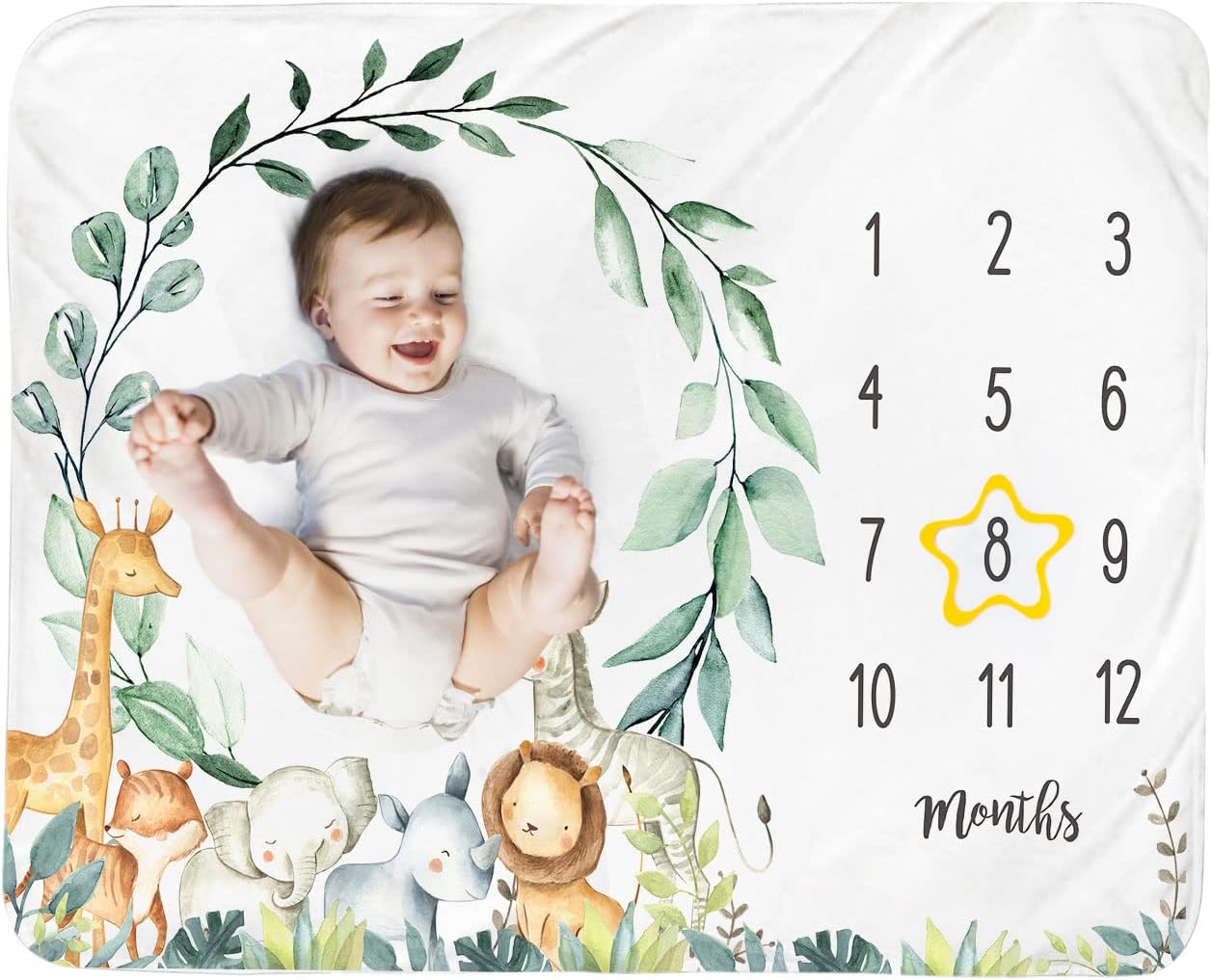 Baby Monthly Milestone Blanket Boy - Jungle Animals Newborn Month Blanket Neutral Safari Personalized Shower Gift Eucalyptus Leaf Wreath Nursery Decor Photography Background Prop with Frame 51''x40''