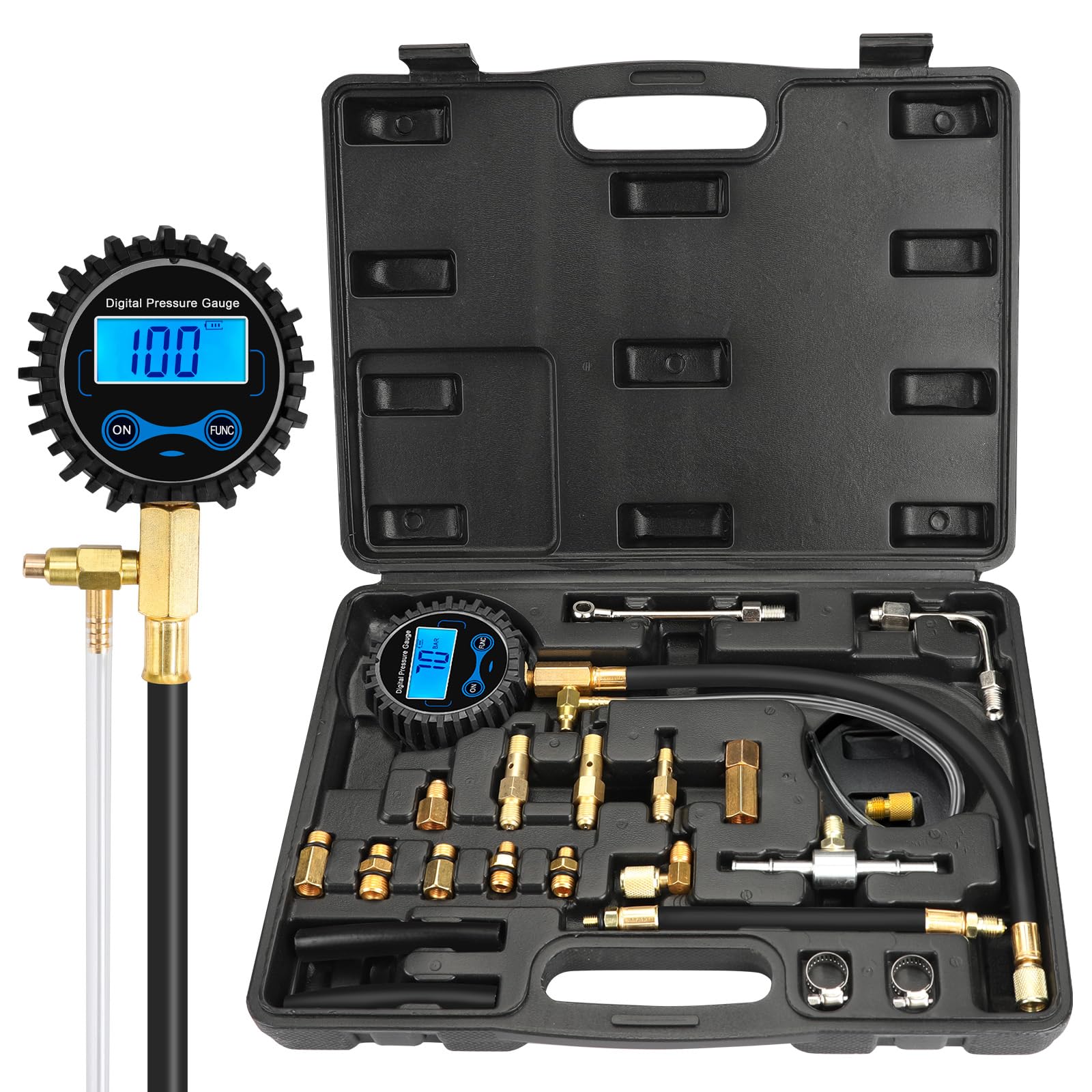 BETOOLL Digital Fuel Pressure Gauge - Black Case Fuel Pressure Test Kit - Fuel Injector Injection Pump Pressure Tester Tools 0-300PSI for Cars and Trucks