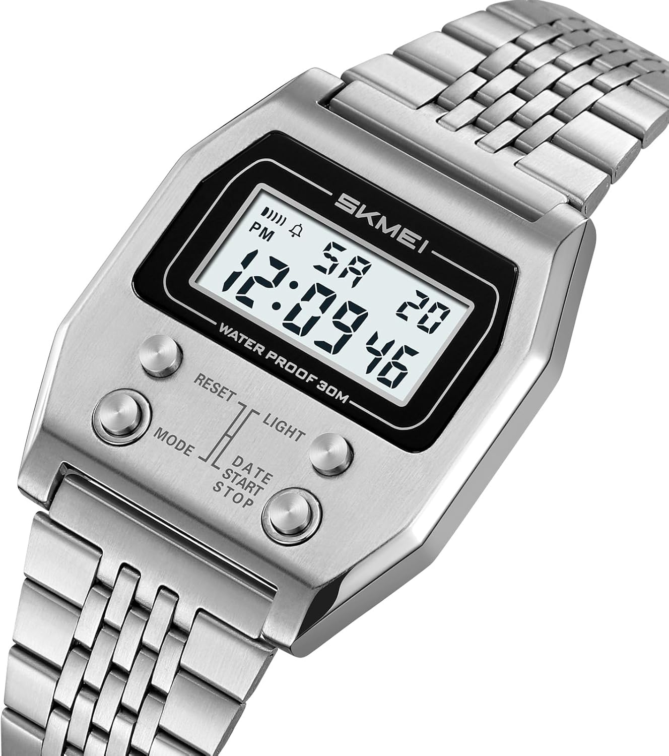 Gosasa Retro Rectangle Digital Watch for Men Classic Stylish Design Multifunction Gold Stainless Steel Business Men Wristwatch with Alarm, Stopwatch, Countdown