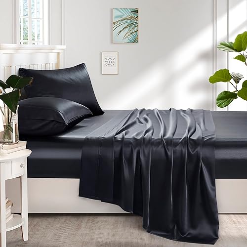 Miniatura 5 de Lanest Housing Silk Satin Sheets, Queen Size Satin Bed Sheet Set with Deep Pockets, Cooling Soft and Hypoallergenic Satin Sheets Queen - Black