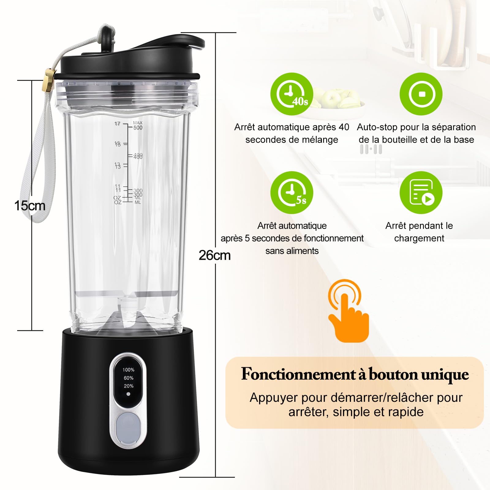 SOLVIEW Blender Portable, 500ml Sans BPA Mixeur Smoothie, 18000 TR/min Puissant Mixeur Smoothie avec 4 Lames, 300W Mini Mixeur USB-C Rechargeable, Mini Blender Avec Paille, Couvercle de Voyage et Bros