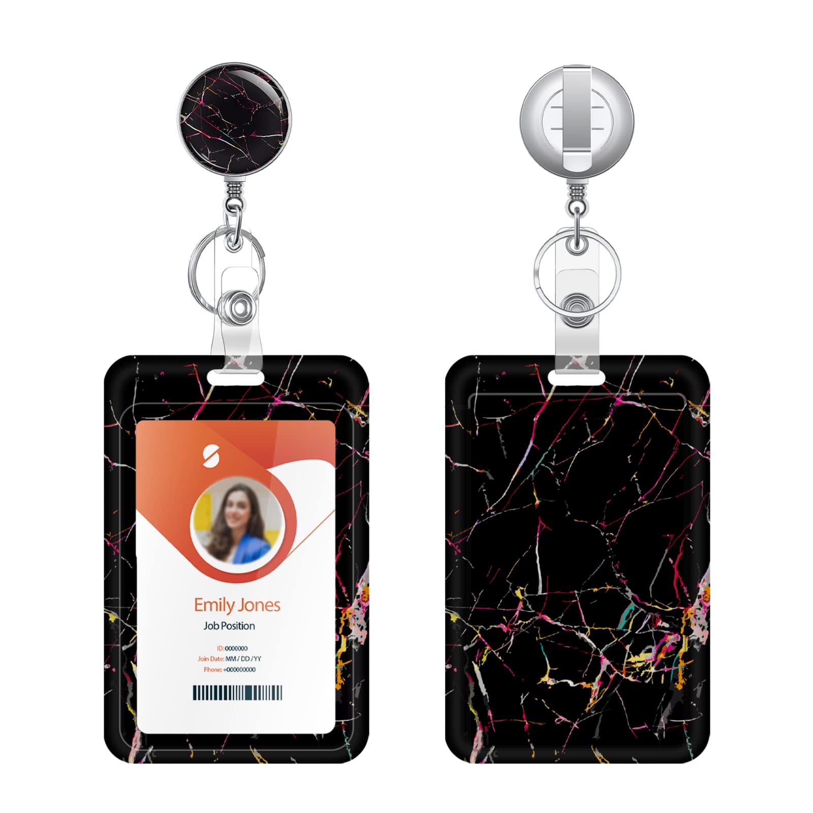 Boutilon Retractable Badge Holder, Badge Reels,Lightweight Plastic Badge Reel with Card Holder Key Ring Belt Clip for Nurse,Volunteer,Teacher,Student(T-Marble Black) — image 1