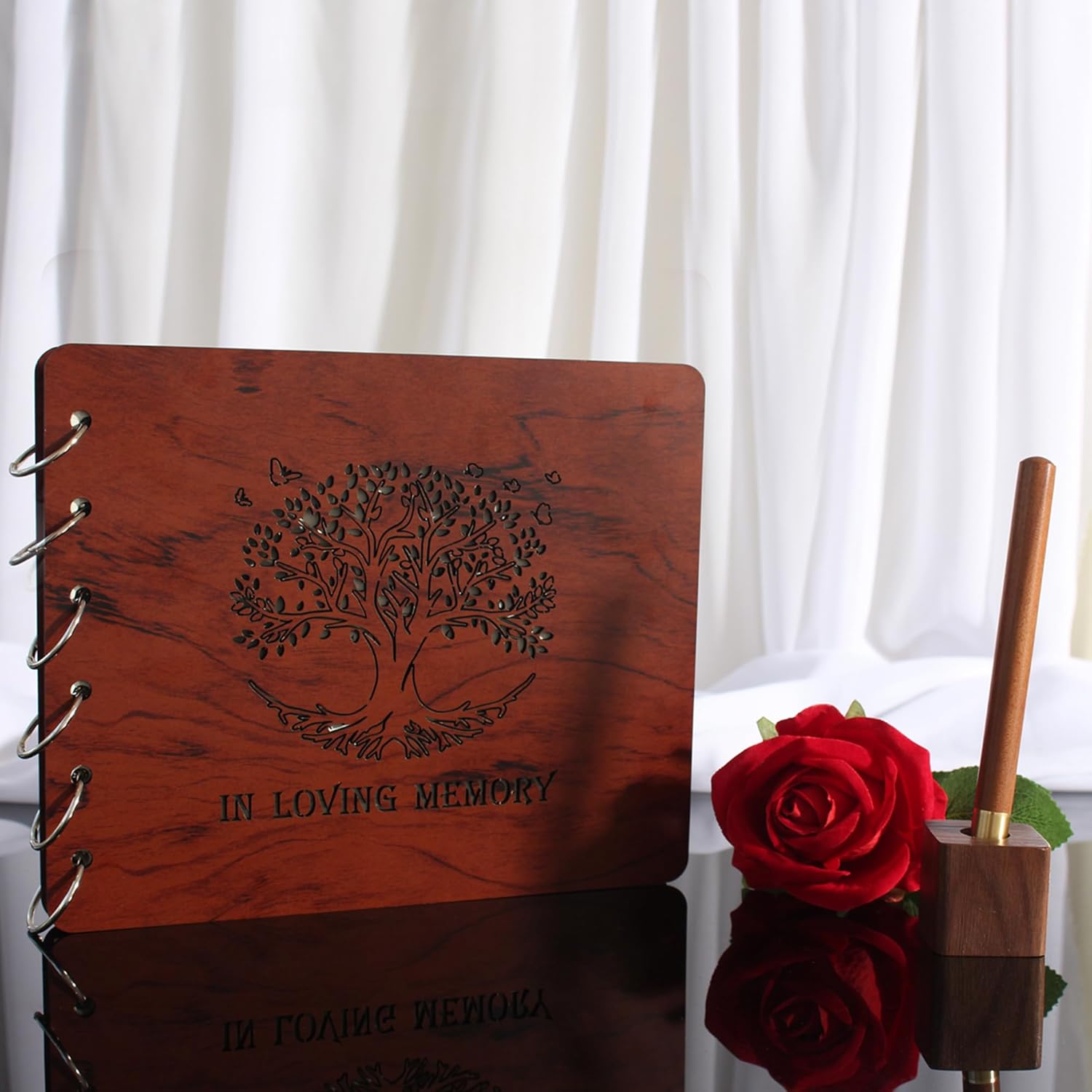 Funeral Guest Book Wooden Guest Books for Memorial Service Celebration of Life in Loving Memory Guest Sign Book Set -Included Table Sign,Pen, Angel Keychain and Thank You Card