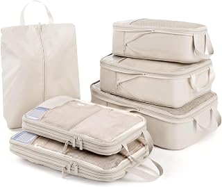 OKAKA Compression Packing Cubes for Travel - Double Zipper Luggage Organizer Bags for Suitcases (6-Pack, Beige)