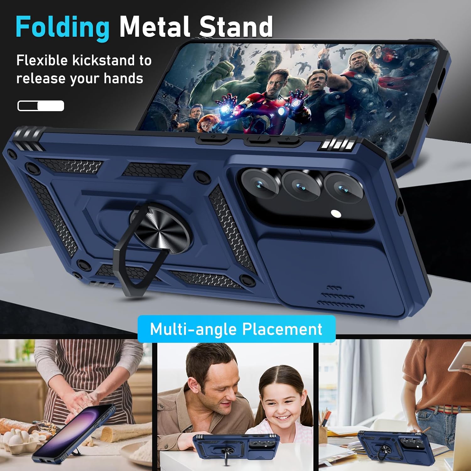 Janmitta Compatible with Samsung Galaxy S25 FE Case Built in Slide Camera Lens Cover+Screen Protector+Finger Ring Holder Kickstand,Heavy Duty Shockproof Full Body Phone Cover,2025 Blue - Image 2