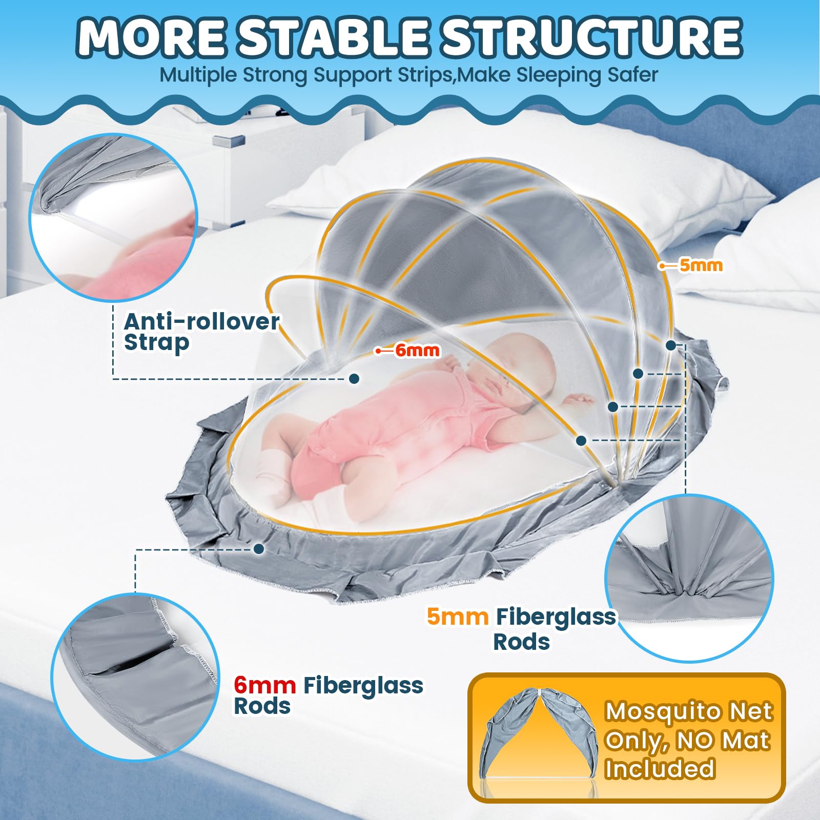 Orzbow Foldable Baby Mosquito Net, Breathable Baby Bed Mosquito Nets with Shade Cover, No Assembly Required - Image 3