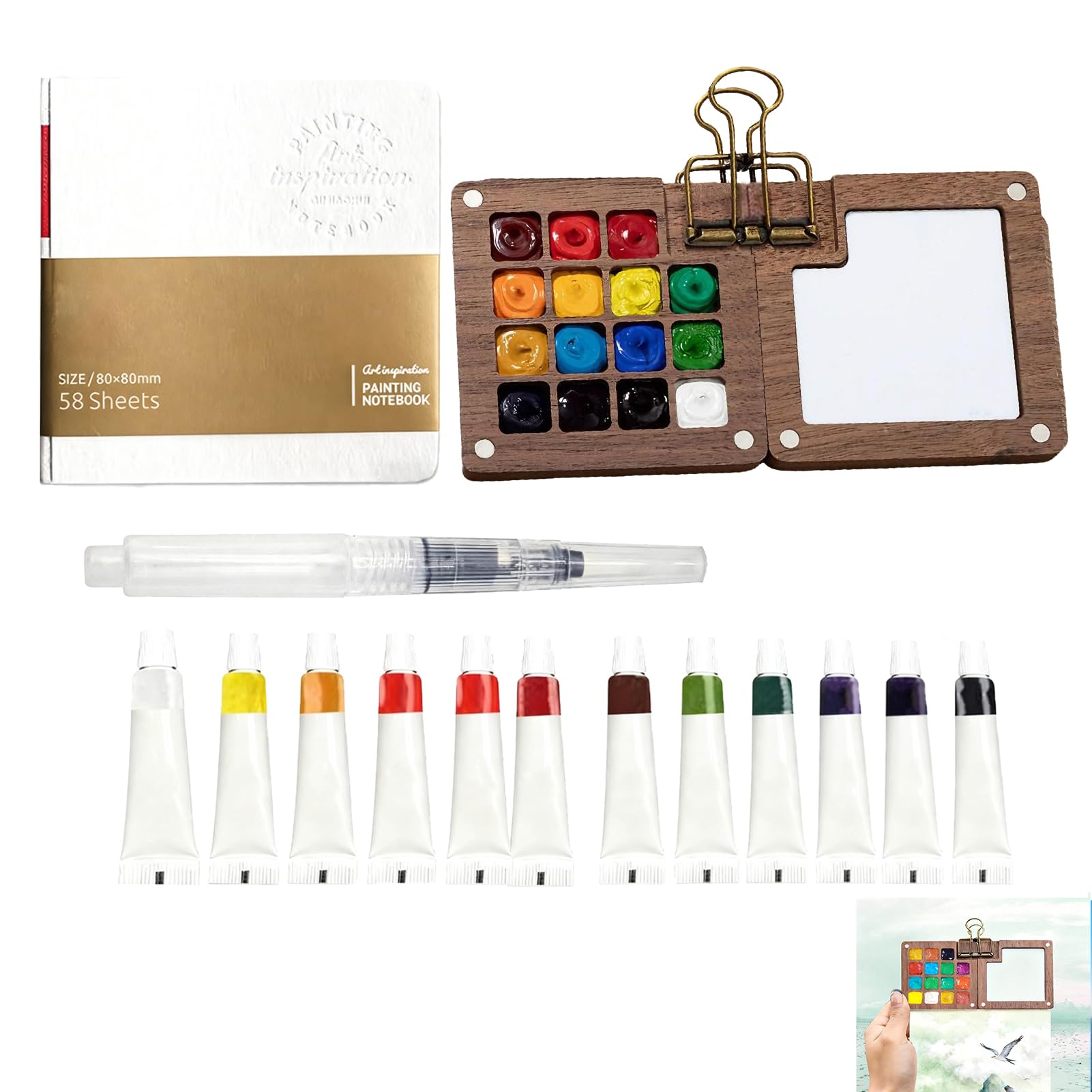 Mini Watercolour Paint Set Travel Kit, Pocket Artist Watercolour Travel Set 12 Pigments, 15 Grids Walnut Wood Pocket Artist Palette with Metal Clip, Portable Sketchbook and Water Brush for Painting