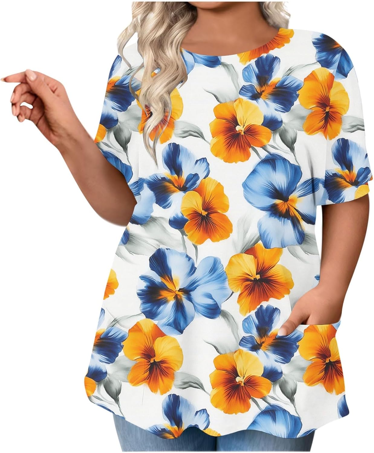 Trendy Short Sleeve Crewneck T Shirts Summer Plus Size Tunics or Tops to Wear with Leggings Casual Floral Tee Blouses