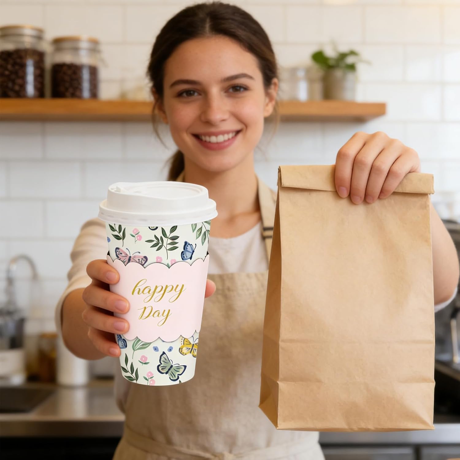 FYSUIMU Whaline 50 Pcs Spring Floral Disposable Coffee Cups Watercolor Flower Butterfly Paper Cups with Lids & Sleeves 16 Oz Happy Day Drinking Cups for Birthday Wedding Baby Shower Party Supplies