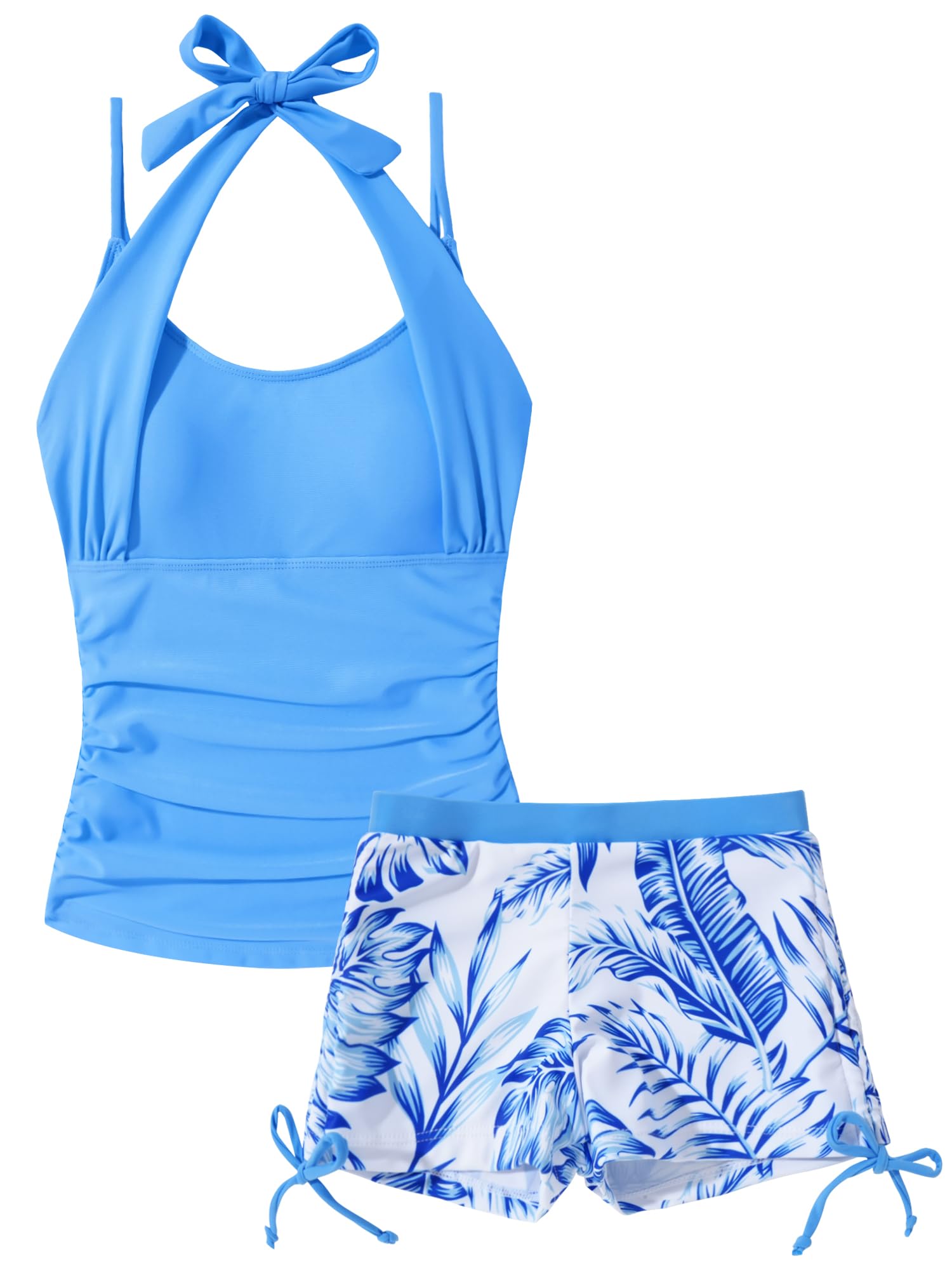 Happy Cherry Maillot de Bain 2 Pièces Ado Fille Tankini Bretelles et Shorty Imprimé avec Cordons Ajustables Ensemble de Plage Piscine 7-16 Ans