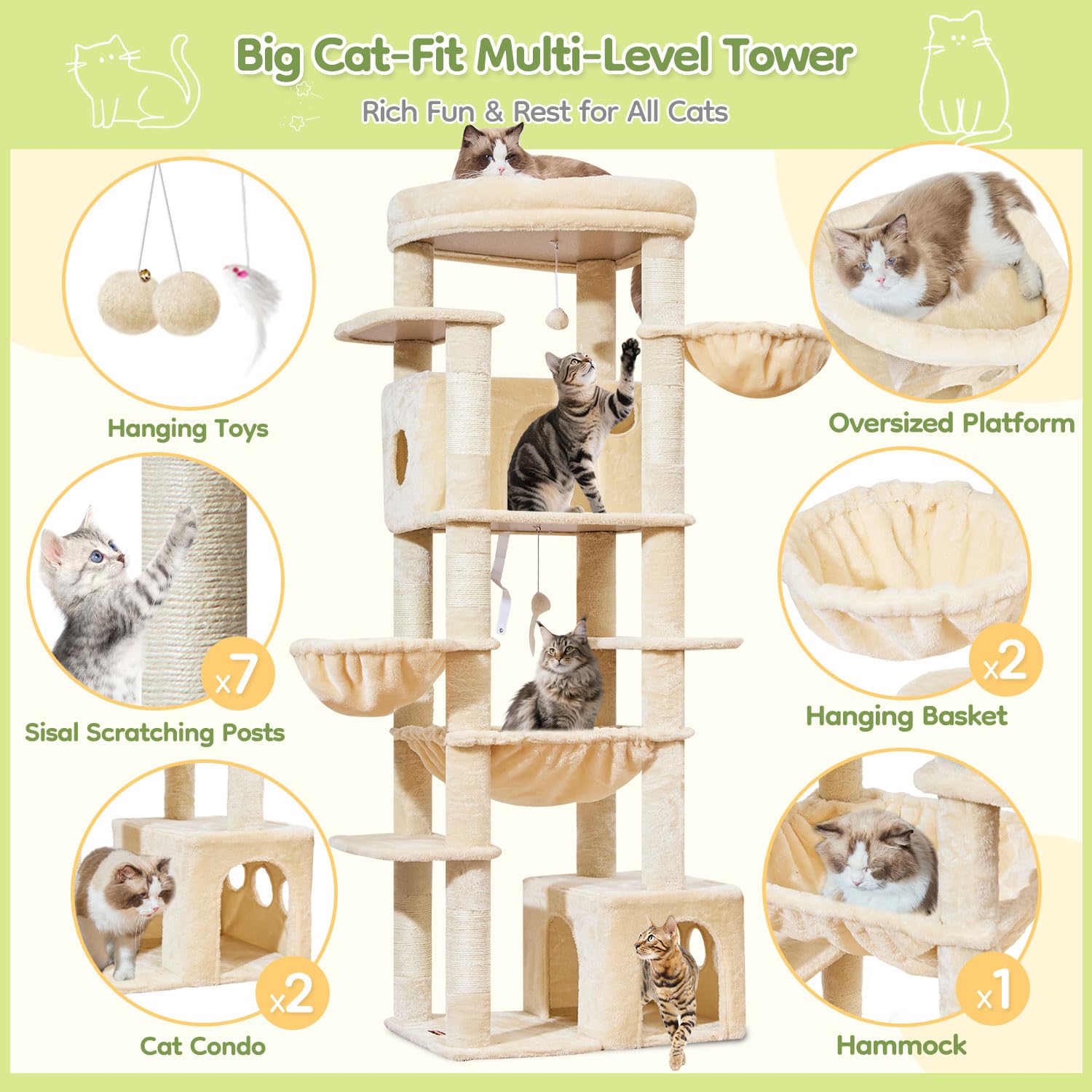 Taoqimiao Rascador para Gatos Grandes, 183cm Arbol Rascador para Gatos com 2 Espacioso Cuevas, 2 Cesta, 7 Poste de Sisal, Hamaca,F20M Beige