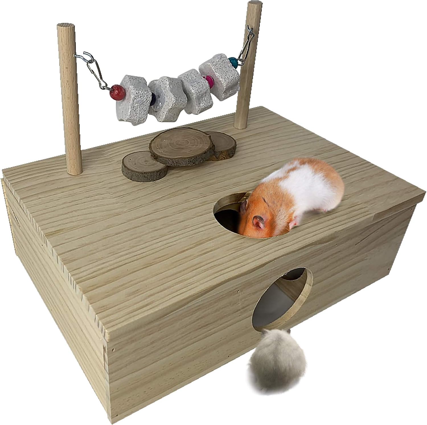 Hamster Wooden Multi-Chamber Hideouts Exploring Maze Toy with Cover Small Animal Platform with Volcanic Grinding Stone,Activity Toy Set…