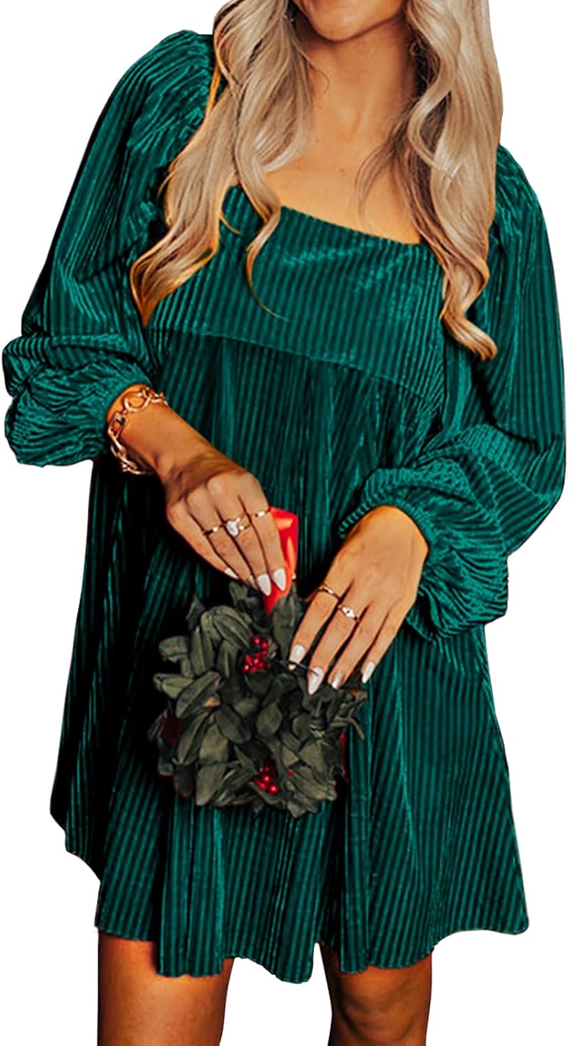 miduo Womens Loose Fit Square Neck Long Sleeve Velvet Mini Babydoll Dresses Shift Dress