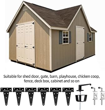 Shed Door Kit, Barn Door Lock Set with 5-1/2 L-Handle Lock, Stainless Steel Latches and 6 Hinges