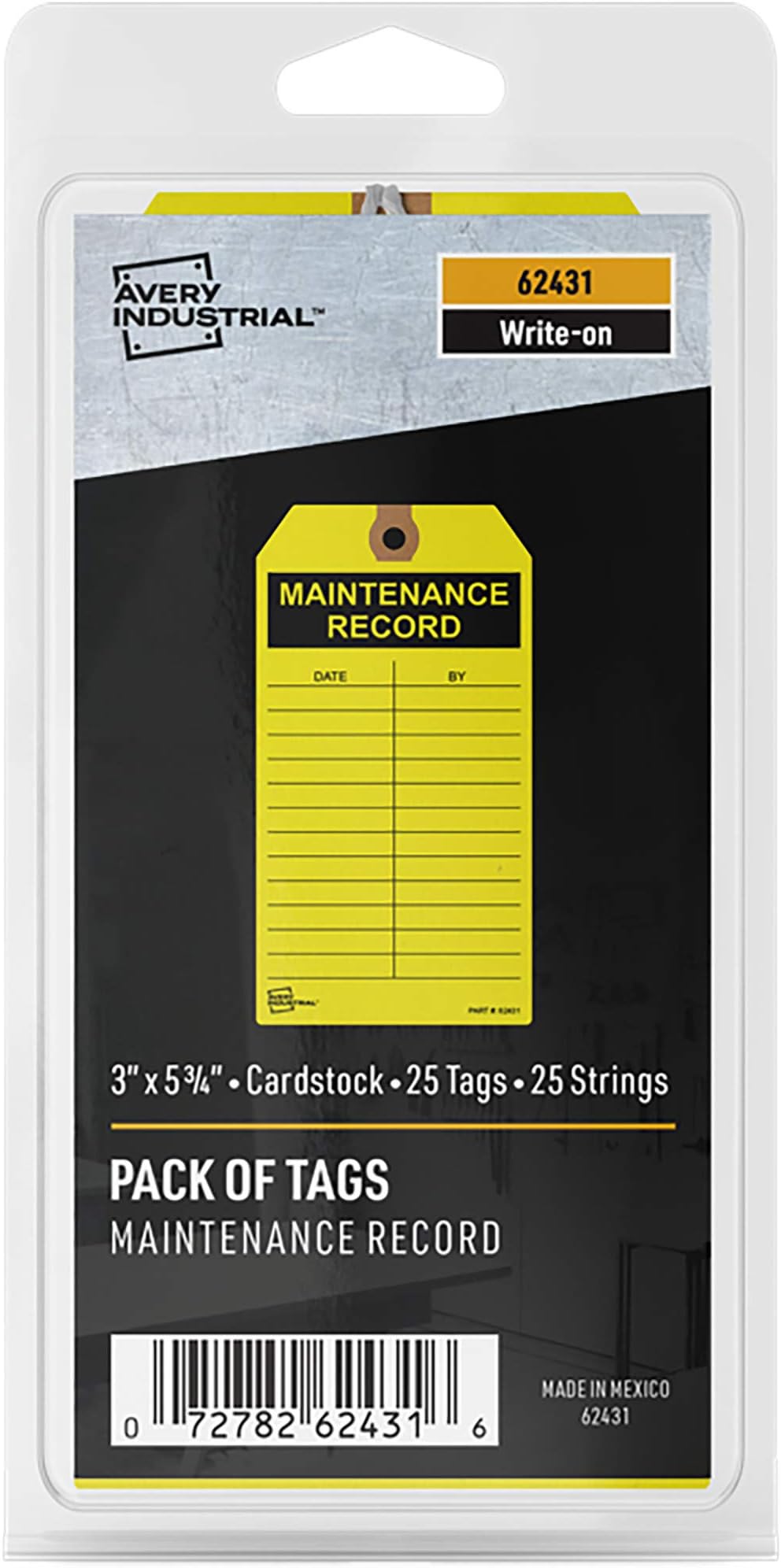 Avery Preprinted Maintenance Record Tags, String Included, 5.75" x 3", Yellow Tags, Write-On, 25 Total (62431)