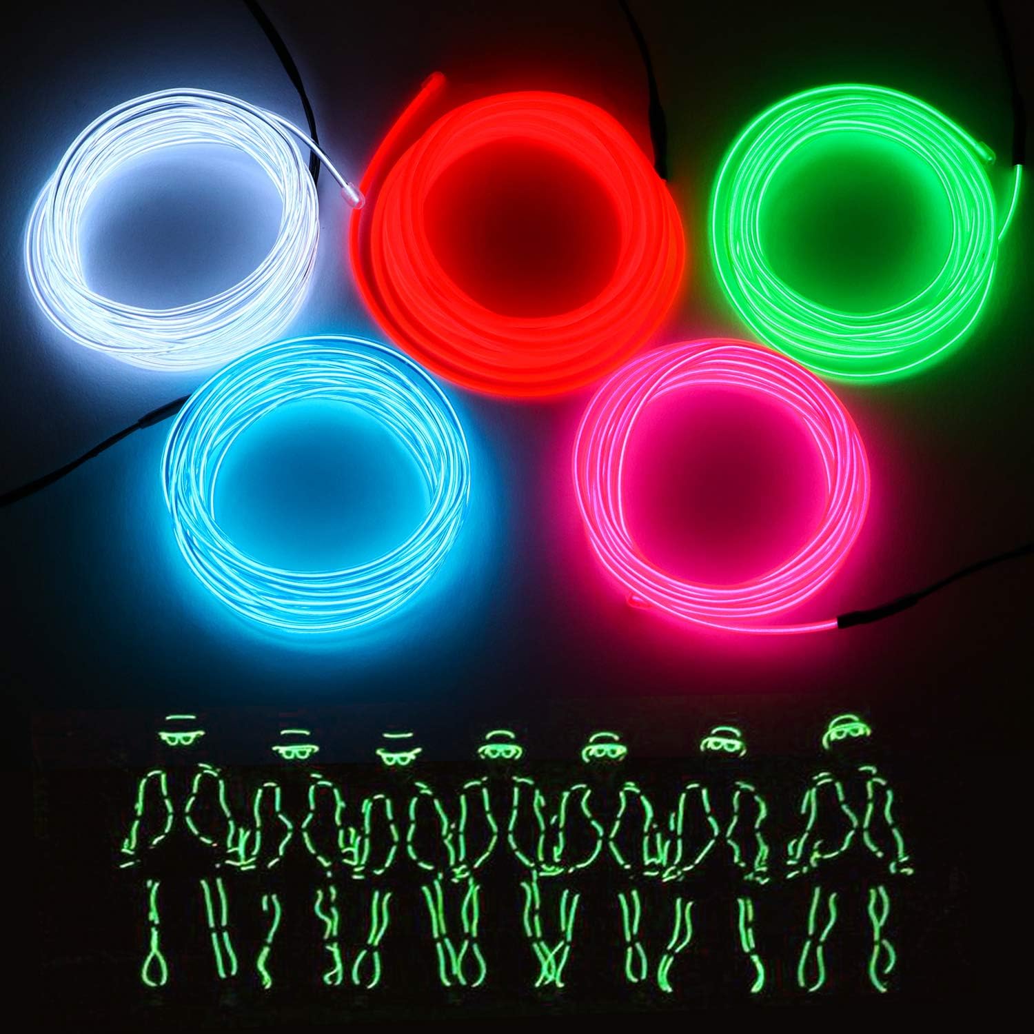 CPPSLEE Halloween Lights String 9.8ft EL Wire Lights, Super Bright Portable Neon Light Set for Halloween Decorations DIY Costume - 3 Modes Battery Controllers, 5 Colors