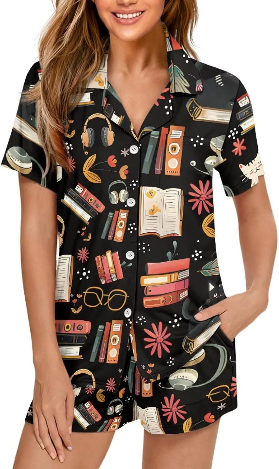 Womens Pajamas Set Button Down Short Sleeve Pajama Sleepwear Collar Nightshirt Casual Lounge Wear Top and Shorts