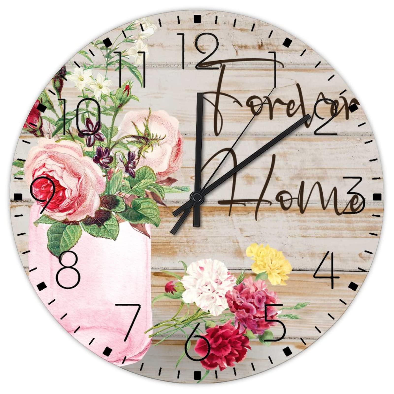 Horloge murale aquarelle florale en bois minimaliste et analogique sans tic-tac